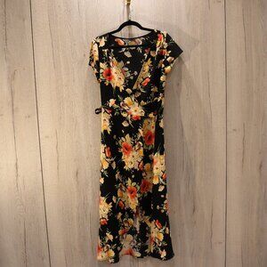 Floral Print Wrap Midi Dress V-Neck Medium flutter sleeve black